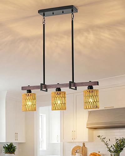 Miniatura 11 de Iluminación industrial de isla de cocina de 5 luces con barra de grano de madera y jaula de metal negro, lámpara de techo colgante rústica para 5