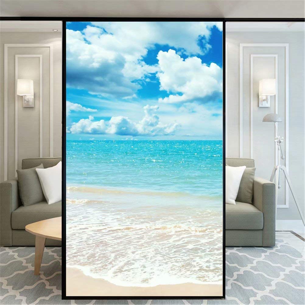 No Glue Decorative Privacy Frosted Window Film Beautiful Sky and Seaside Pattern Glass Door Window Covering Window Decals Window Sticker for Home Office 89x160cm(35