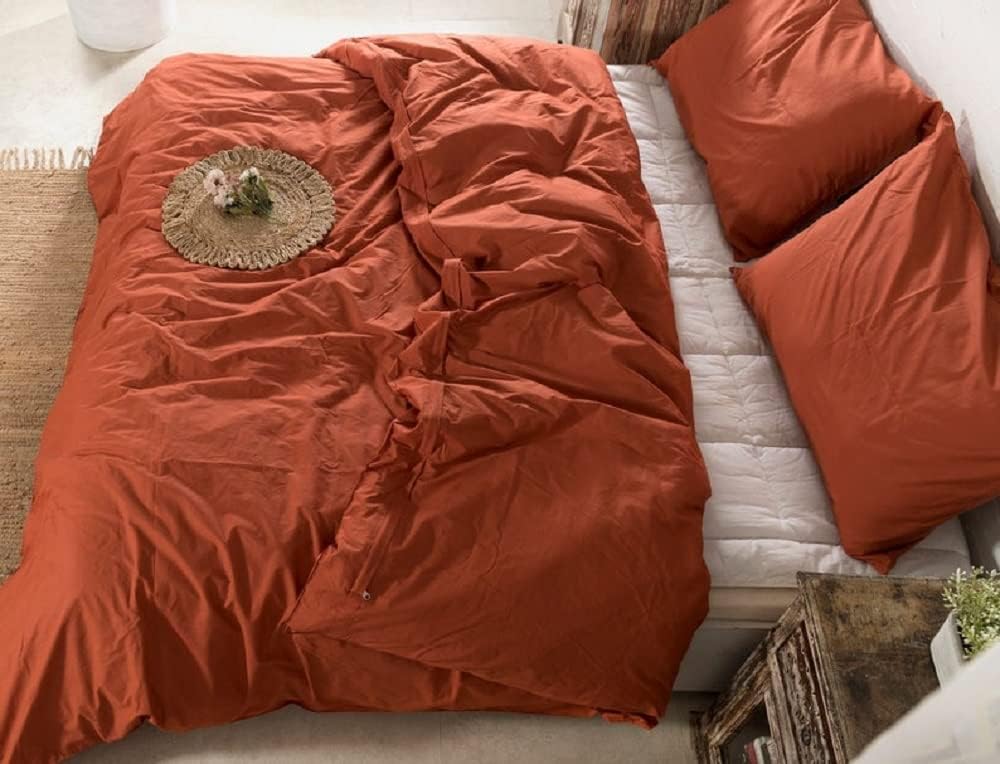 Washed Cotton Duvet Cover - Rust Orange Color Duvet Cover with Coconut Button - Donna Cover Twin King Full Queen Duvet Cover -Cotton Bedding (Twin)