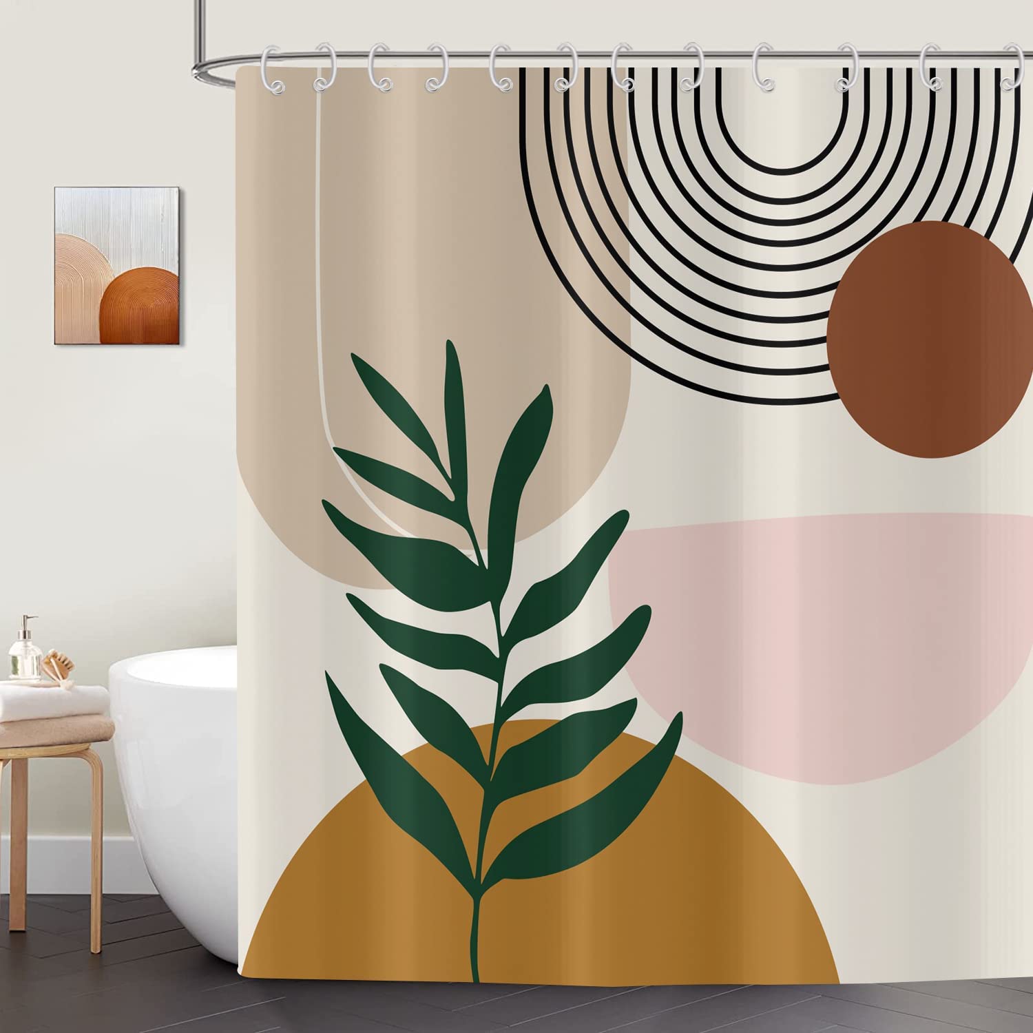 ASDCXZ Boho Style Shower Curtain 165x180 cm, Modern Abstract Art Sun Green Leaves Line Semicircle Beige Washable Shower Curtains Polyester Textile Waterproof Bathtub Curtain for Bathtub with 12 Hook — image 1