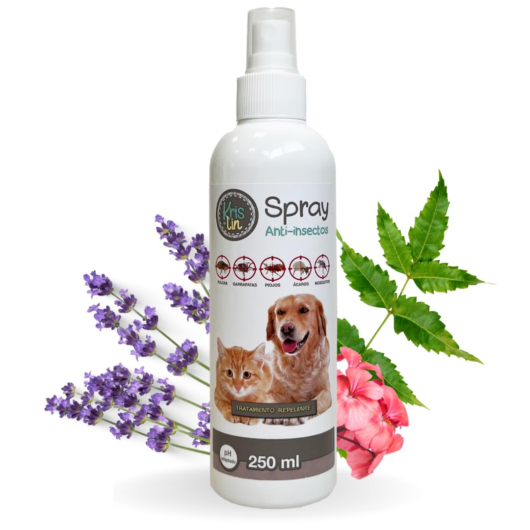 KRISLIN Spray Repelente para Perros | con 3 Activos Naturales: Margosa, Geraniol y Lavandino | Protege contra Insectos | Cítrico | 250ml