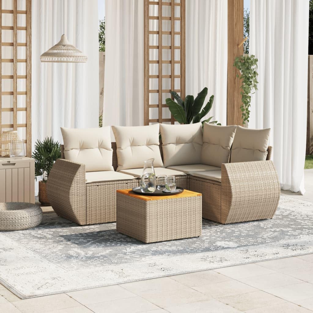 Salon de jardin modulable en résine tressée beige avec coussins blancs crème, ensemble 5 pièces pour terrasse, patio, balcon, mobilier extérieur confortable avec table basse en bois d'acacia