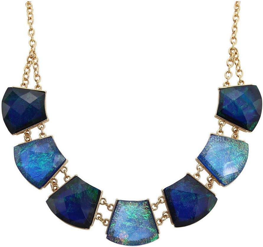 TrinketSea Statement Bib Necklaces for Women Trapezoid Block Charm Geometric Cut Turquoise Blue Tone Bib