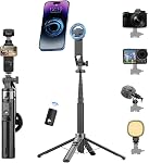 Magnetic Selfie Stick Tripod, Support de téléphone pour MagSafe Compatible avec iPhone 17/16 Series et Android, Trépied en alliage d'aluminium portable avec télécommande sans fil pour le blogging