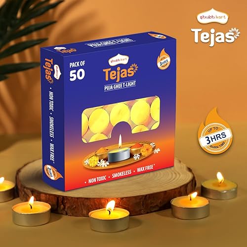 Miniatura 2 de 50 velas de té puro Ghee DeepakTea Light con 3 horas de tiempo de combustión para decoración del hogar y festivales (50 velas de té) Shubhkart