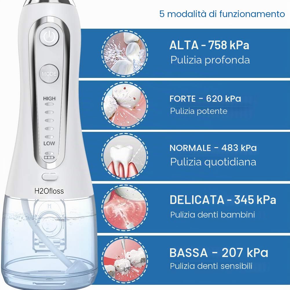 Idropulsore Dentale Portatile Professionale - 5 Modalità Irrigatore Orale Ricaricabile, 300 ml di Grande Capacità 6 Ugelli con IPX7 Impermeabile, Per Pulizia Denti Tartaro Bianca