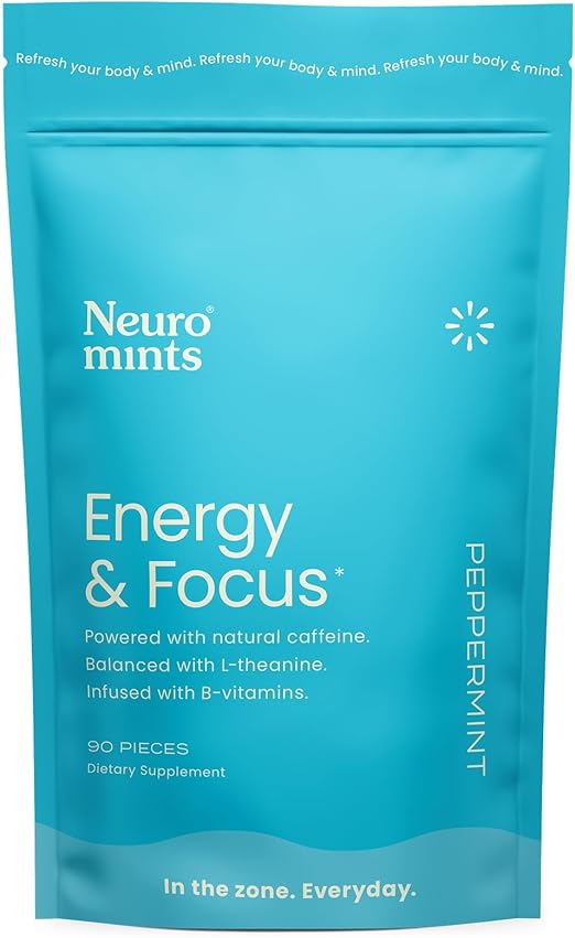 NeuroGum Energy & Focus Mints (Peppermint, 90 Pieces) | 40mg Natural Caffeine + L-Theanine + Vitamin B12 & B6 | Sugar Free Nootropic Cognitive Brain Performance Supplement