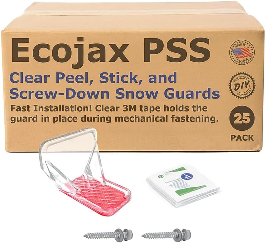 EcoJax PSS Peel–Stick & Screw Snow Guards for Metal Roofs | No Mess Clear Polycarbonate with 3M Tape + Screw Installation | Made in USA (10-Pack, 25-Pack, 100-Pack) (25)