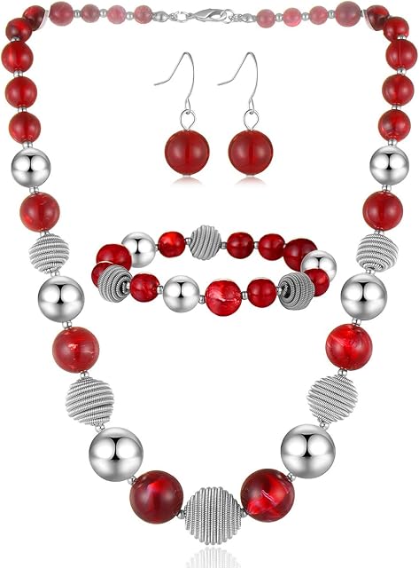 BULINLIN Chunky Beaded Silver Necklace Earrings Pearl Handmade Bracelet Set Statement Costume Fashion Jewellery Set Birthday Gifts for Women