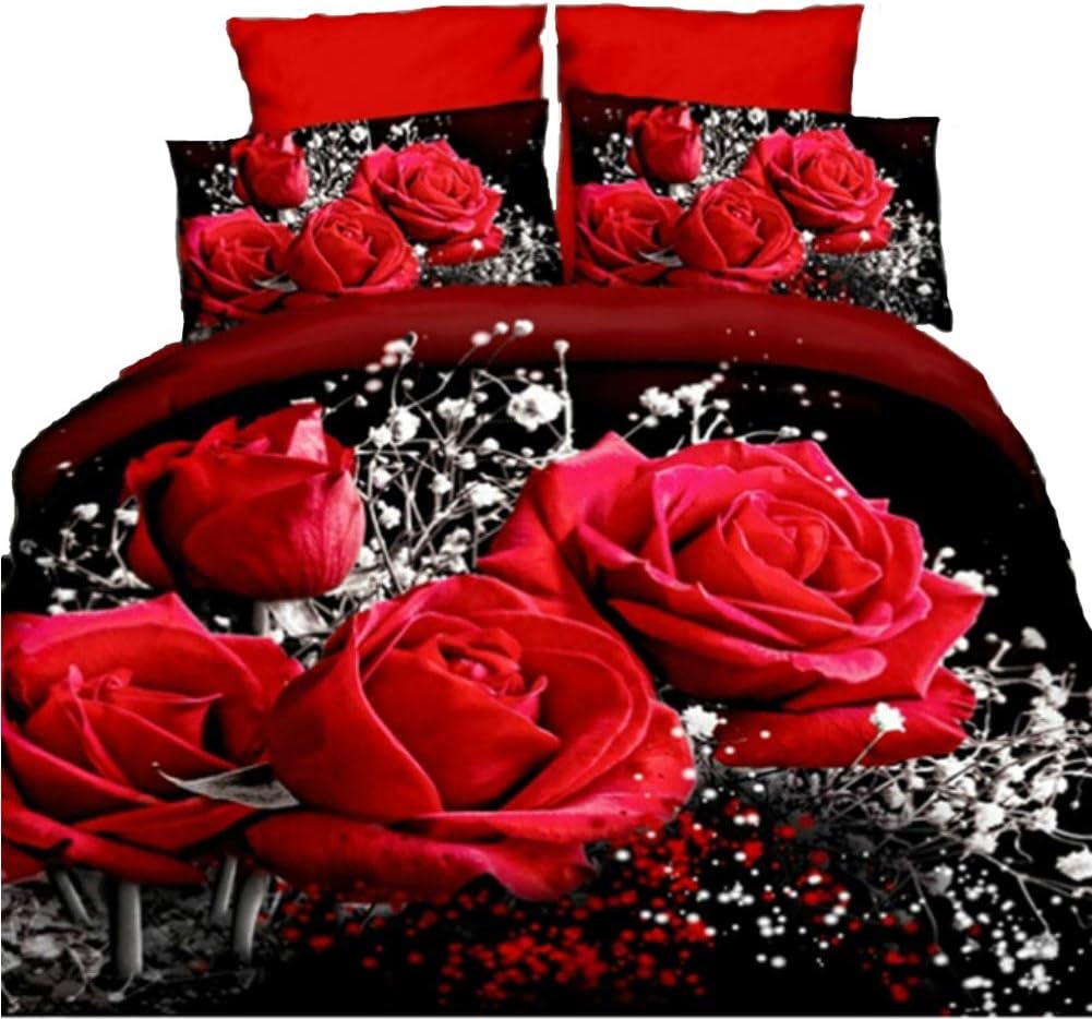 XIAOCHENGDARUI 4Pcs/Set Red Rose Pattern 3D Printed Bedding Set Bedclothes Home Textiles King Size Quilt Cover Bed Sheet 2 Pillowcases(Size:200 x 230 cm)