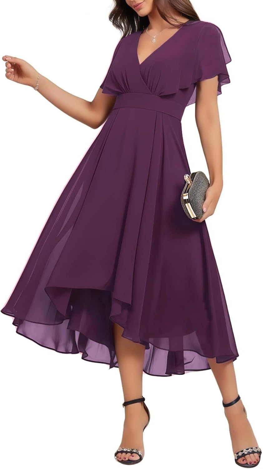 Women's Wrap V Neck Flutter Sleeve Chiffon Cocktail Wedding Guest Dress Layered Ruffle Flowy Midi Party Dress