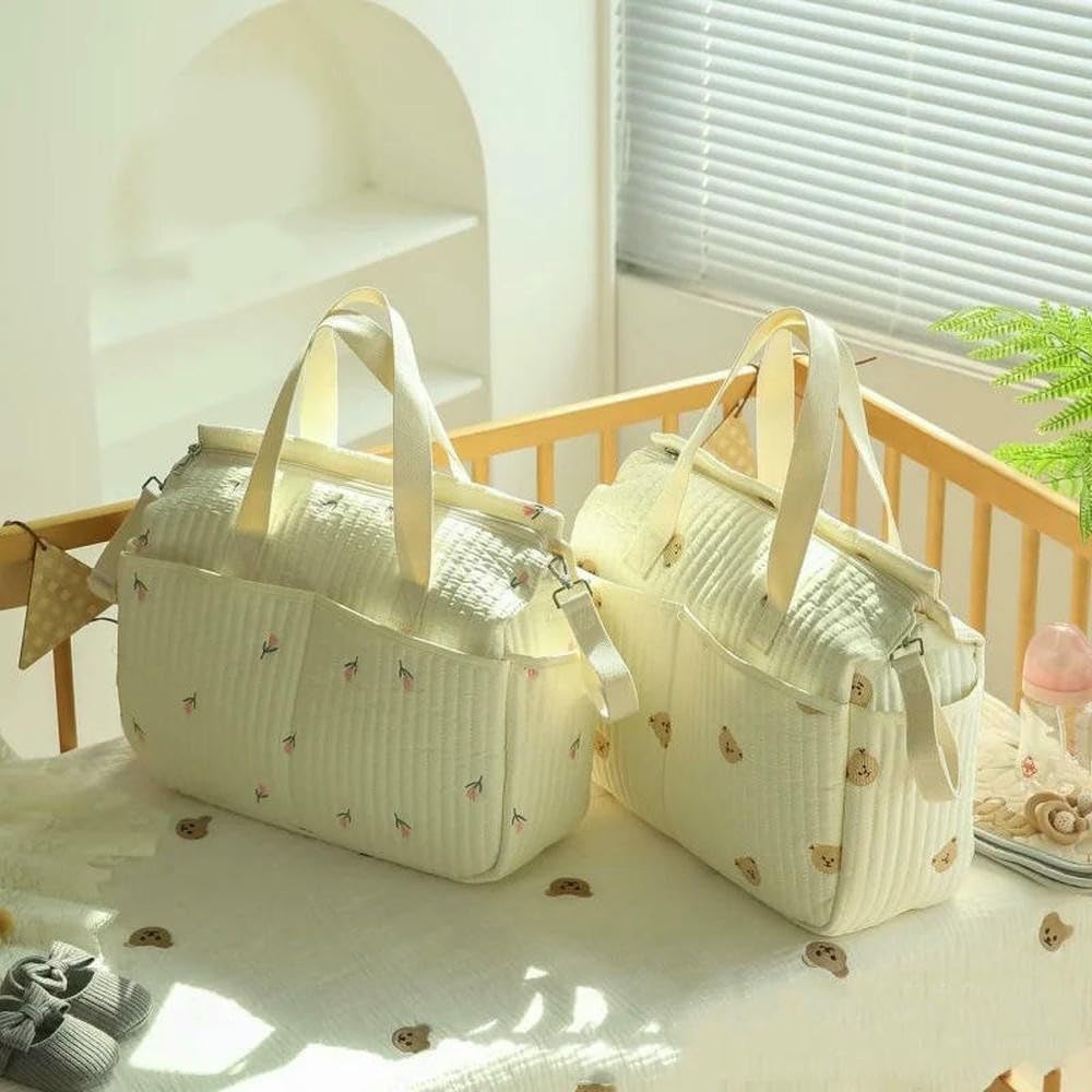 JJDFW Borsa per pannolini, grande capacità, portatile, per passeggino, organizer con ricamo a forma di orso, oliva, borsa per maternità