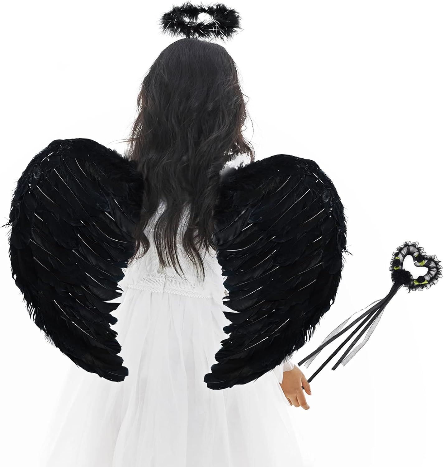 DAOUZL Alas de Angel, Angel Disfraz con Aureola y Varita Mágica, Alas Angel Negro, Plumas Ángel Alas, Angel Negro, Alas Negras Disfraz para Carnaval,Halloween,Cosplay, Fiestas de Disfraces
