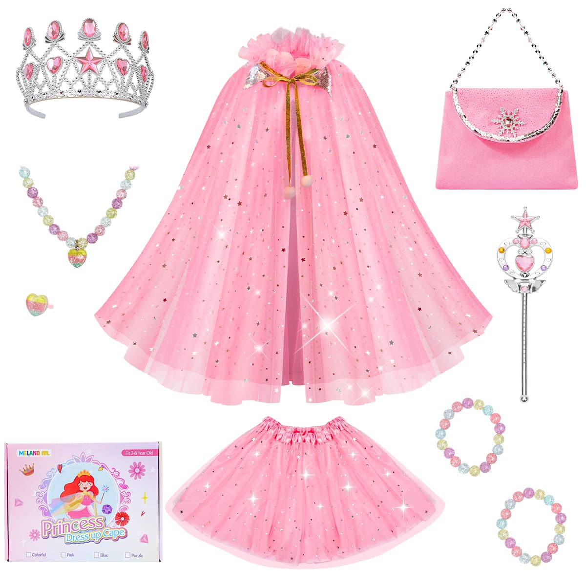 Princess Dress up Clothes for Girl, Princess Cape with Kid Crown Toys, Birthday Gifts for Toddler Girls 3,4,5,6,7,8
