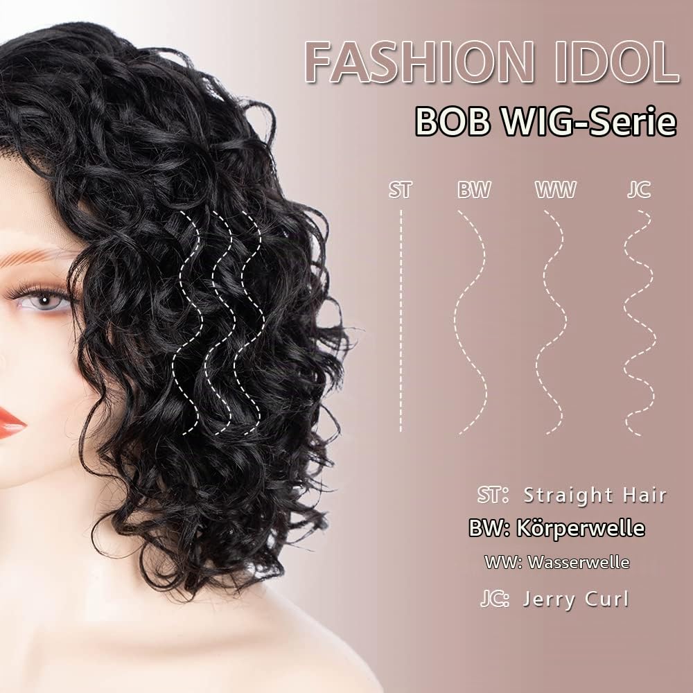 FASHION IDOL Kurz Tief Gewellt Spitzenfront Bob-Perücken für Frauen Echthaar Verworrene Lockige Perücke Seitenteil Schulterlange Perücke Vorgezupft Mit Babyhaar 150% Dichte