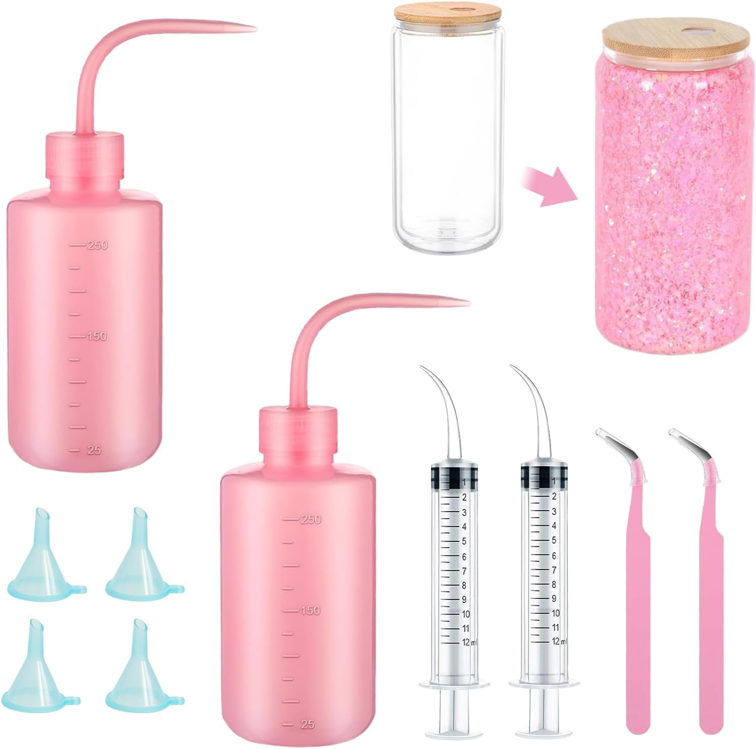 10 Pcs Snow Globe Tumbler Supplies for Glitter, Snow Globe Tumbler Kit with Bent Syringe, Tweezers, Small Funnel Squeeze Bottle - DIY Glass Cups Supplies for Glitter Snowglobe Tumbler Craft Cup Making