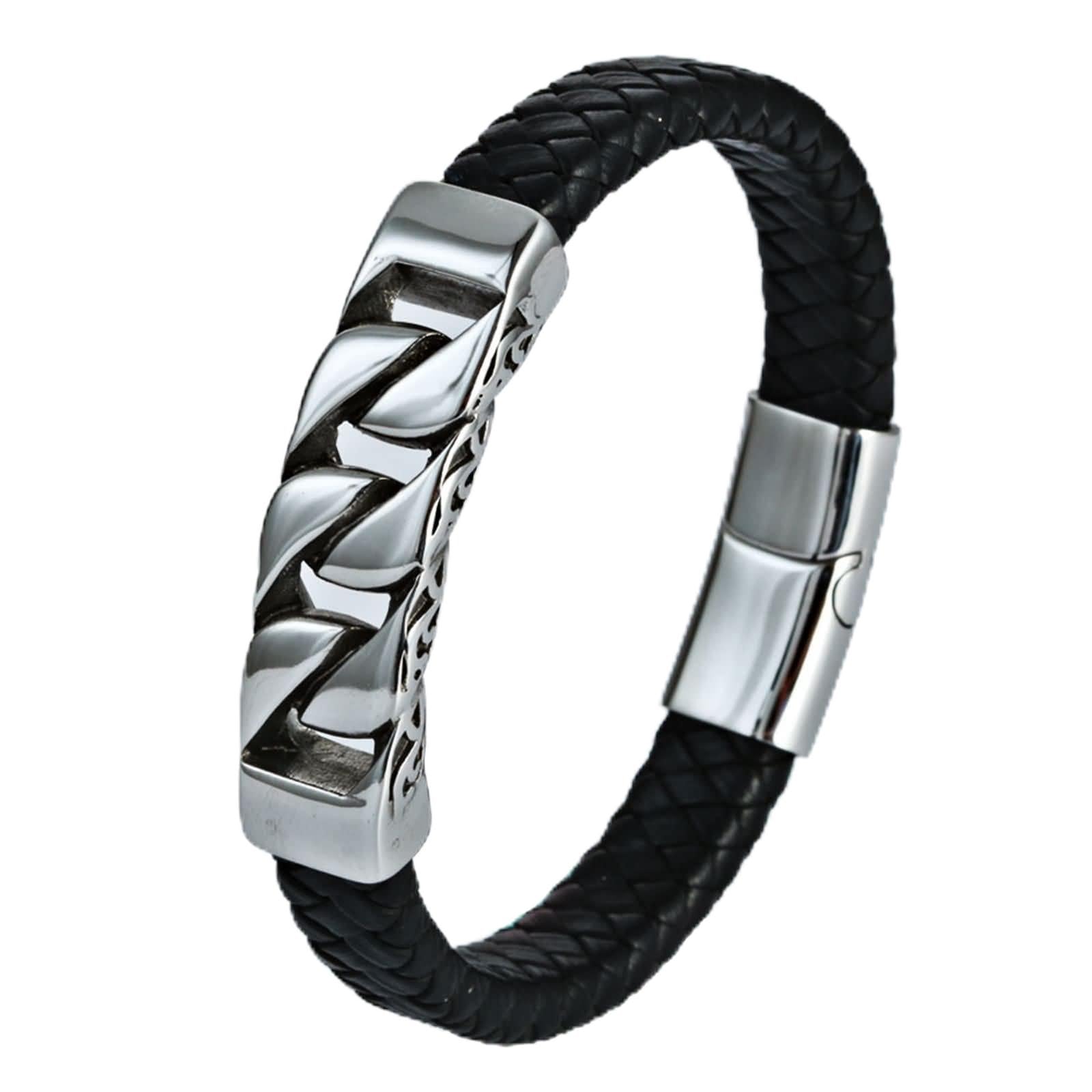 ANAZOZPulseras Para Hombre Acero Inoxidable,Brazalete Negro Hombre Cadena de Curb con Trenzada