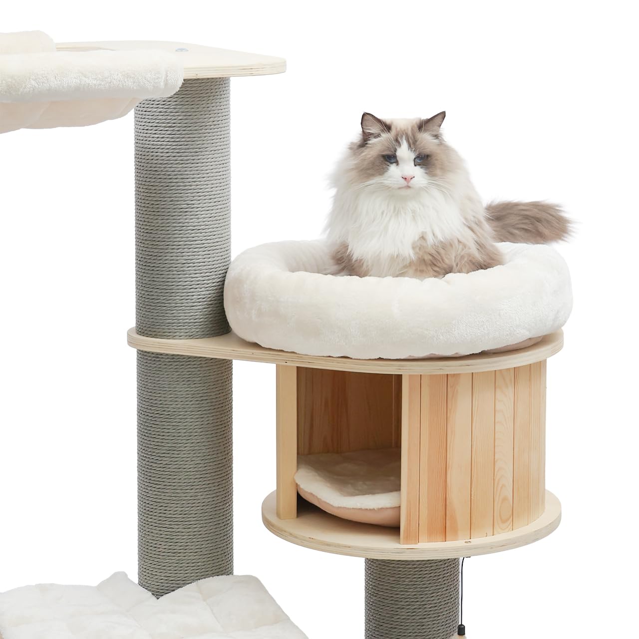 CanadianCat Company | Kratzbaum Remy 130 cm - Katzenbaum mit Holzhöhle und Liegeflächen - Kratzsäulen Ø15 cm mit Papierseil - Plüsch - Natur grau weiß