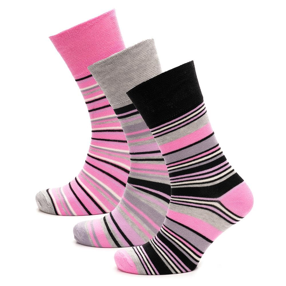 A2Z Ladies 3 Pack Bamboo Socks Non Elastic Comfort Top Soft Breathable - Socks LDS 1345 Striped 3 Pack 4-8