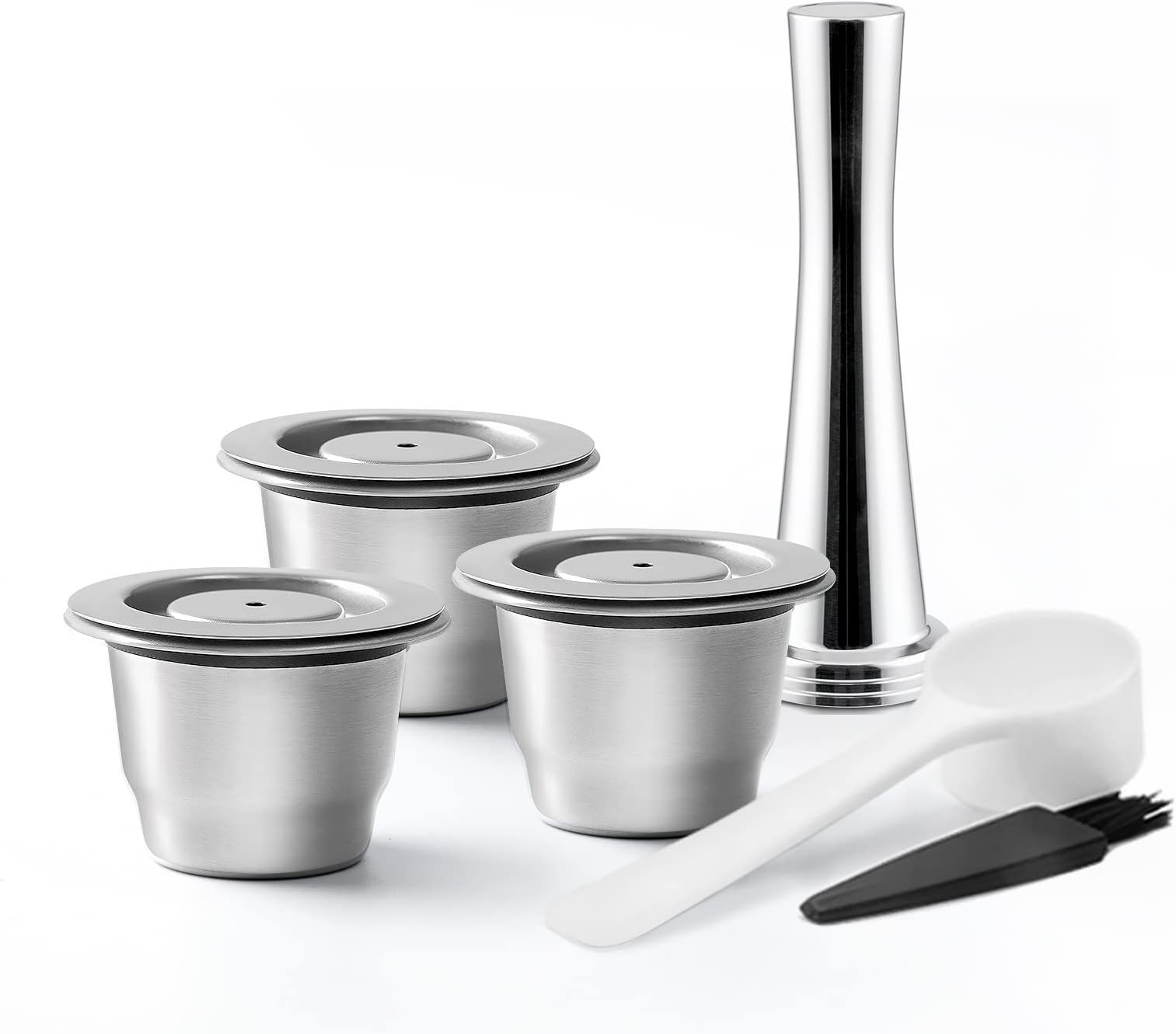 Reusable Coffee Pods 3 Pcs Reusable Coffee Nespresso Capsules with Tamper Stainless Steel Refillable Coffee Capsules Pods Compatible for Nespresso Machine