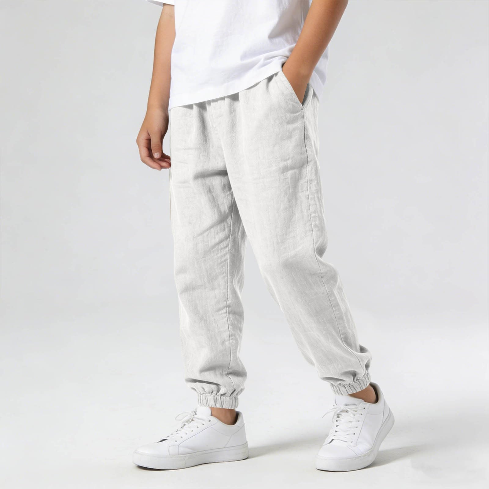 Pantanlones de Lino para Niños,Algodón y Lino Pantanlon Chandal Niño Cintura Elástica Pantalón Chino Largo Sueltos con Bolsillos Cómodo Transpirable Jogging Pants Ropa Adolescentes Chicos 5-15 Años