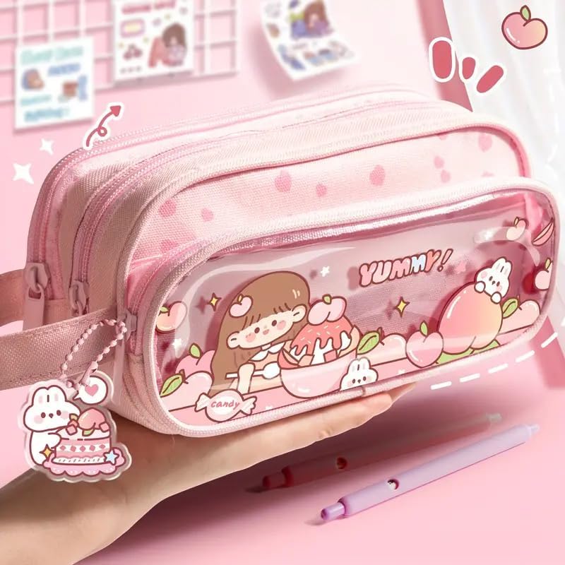 Image of Zqiue Canvas Large Capacity Transparent Cartoon Print Pencil Case 3 Compartment Cute Aesthetic Pencil Case for Girls Multifunctional Stationery Organizer for School Office