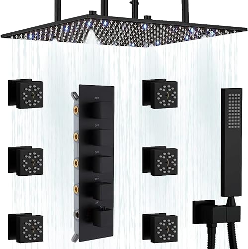 WHSHOWER Sistema de ducha negro mate termostático LED de cuerpo completo, juego completo de grifo de ducha de techo de 16 pulgadas, cabezal de ducha