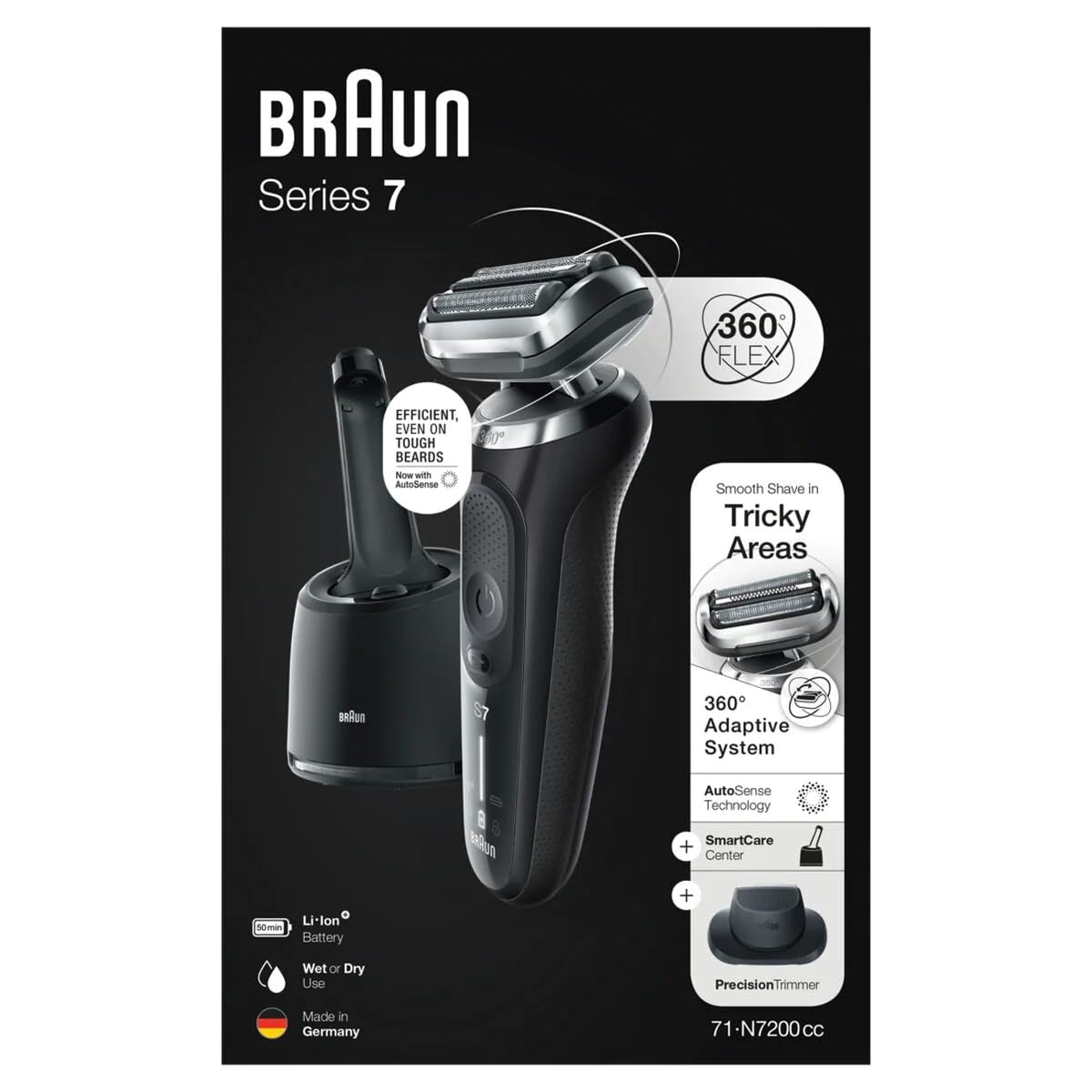 Braun Series 7 71-N7200cc Afeitadora Eléctrica 360° Flex, Uso en Seco y en Mojado, con Recortadora de Precisión, Centro de Limpieza SmartCare, Negro
