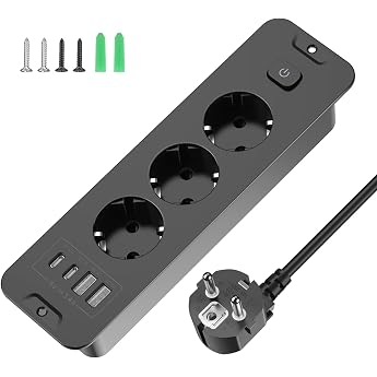 Keagar Retractable Socket 3-Way with Switch, USB C PD 20 W, 2 m, Black | 3 Schuko + 2 USB-C + 2 USB-A, built-in socket in des