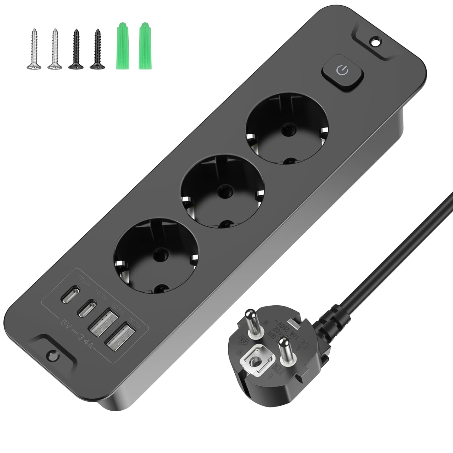 Versenkbare Steckdose 3-Fach, Einbau Steckdosenleiste mit 4 USB, Einbausteckdose Mehrfachsteckdose, Tischsteckdose mit 2 USB C, Tischplatte Versenkte Steckdose - 2m Kabel Schwarz Black