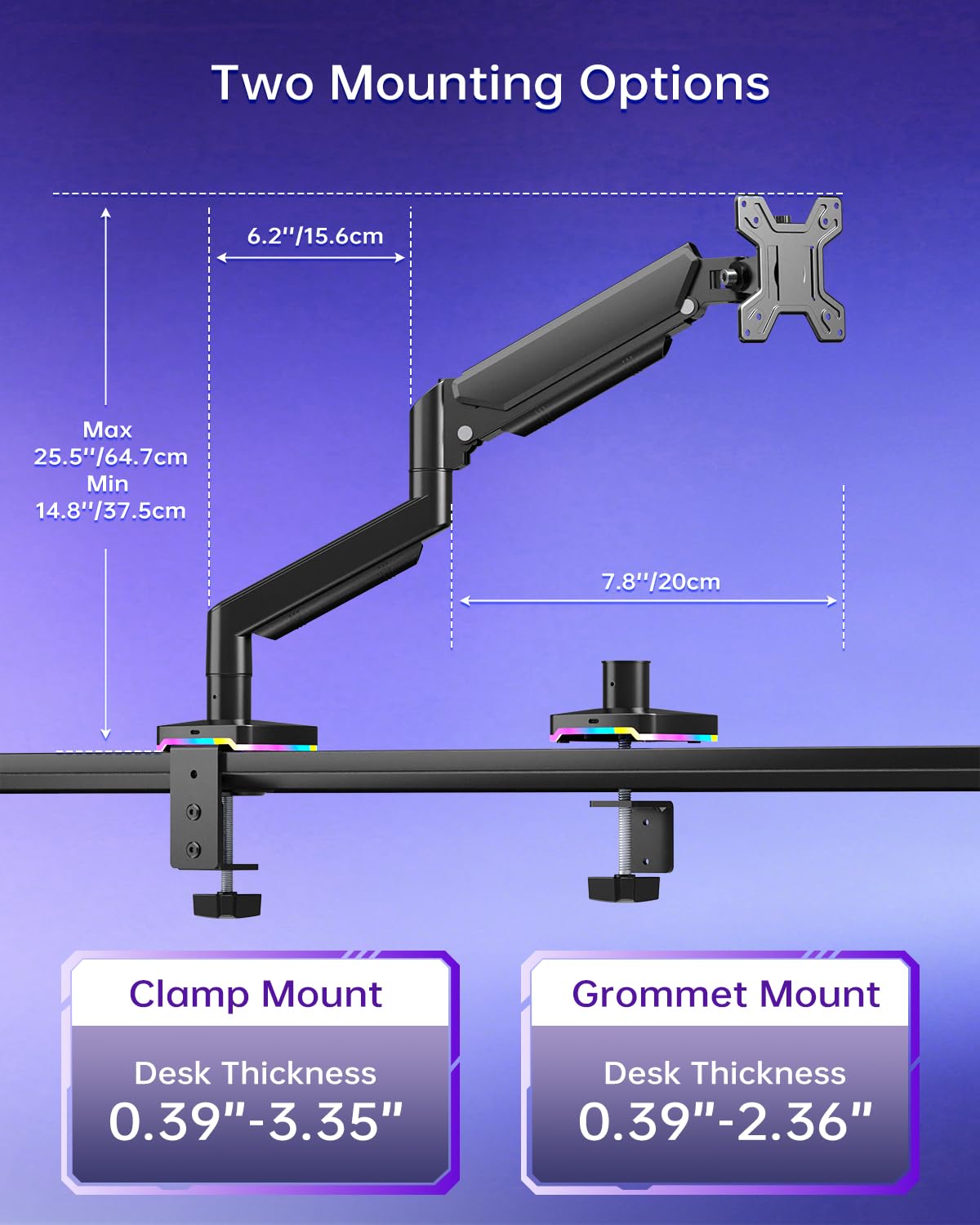 Afaloona Supporto per monitor singolo RGB, braccio per monitor a molla a gas con 3 porte USB, funzione di ricarica e trasferimento dati USB, supporto da scrivania per monitor da 13"-32" fino a 9 kg