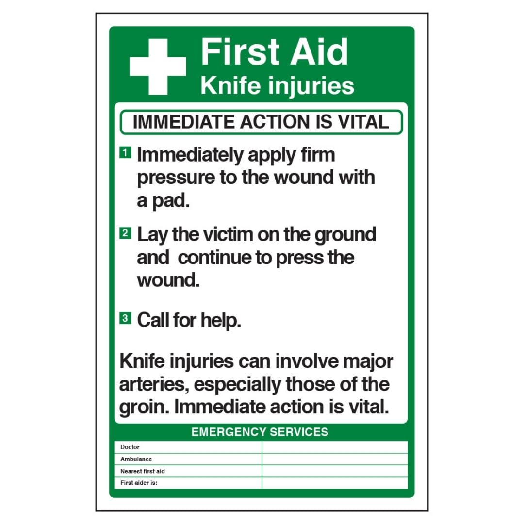 V Safety First Aid Knife Injuries 200 x 300mm - 3mm Aluminium Composite Safety Sign