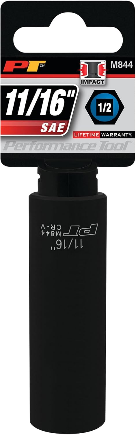 Performance Tool M844 1/2-Inch Drive 11/16-Inch 6pt Deep Wall Impact Socket - Chrome Vanadium Steel