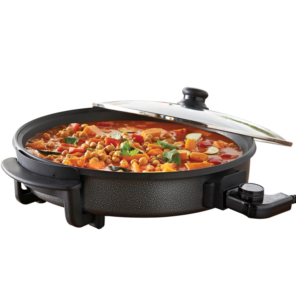Quest 40cm Multi-Function Electric Cooker Pan with Lid/Adjustable Thermostatic Control/Non-Stick Aluminium Electric Frying Pan / 40 x 40cm Surface/Detachable Power Cable For Serving
