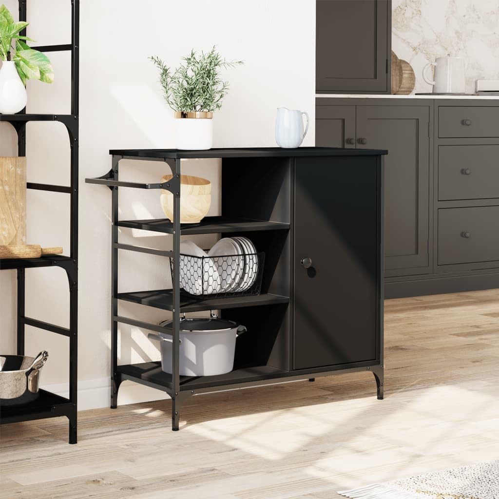 Carro de cocina negro con material de madera y marco de acero, 87,5 x 38,5 x 84,5 cm, con 4 ruedas y frenos, carrito de servicio con espacio de almacenamiento, estante, carrito auxiliar para