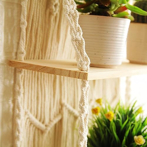 Miniatura 5 de Estante colgante de pared de macramé, estantes colgantes bohemios para interiores para pared, estantes decorativos bohemios flotantes para plantas,