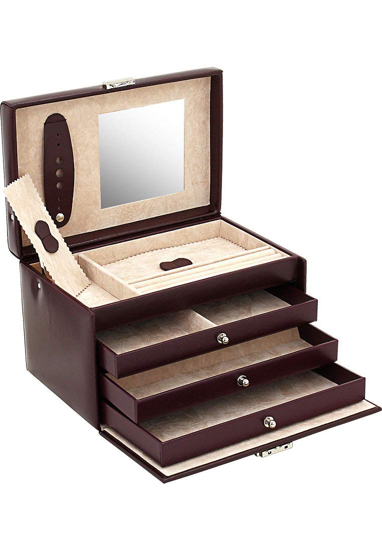 Friedrich23 Schmuckkoffer – Schmuckkasten Classico aus Leder - 3 Schubfächer, 2 Abdeckkissen, Spiegel