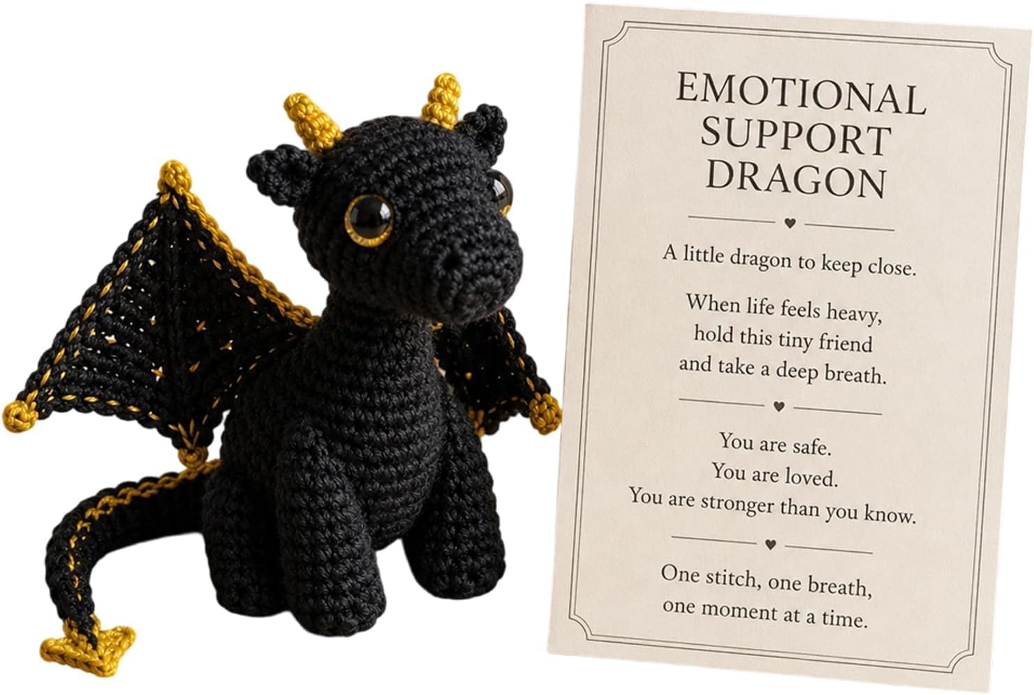Emotional Support Dragon Pocket Buddy, Handmade Knitted Dragon Toy (Black)