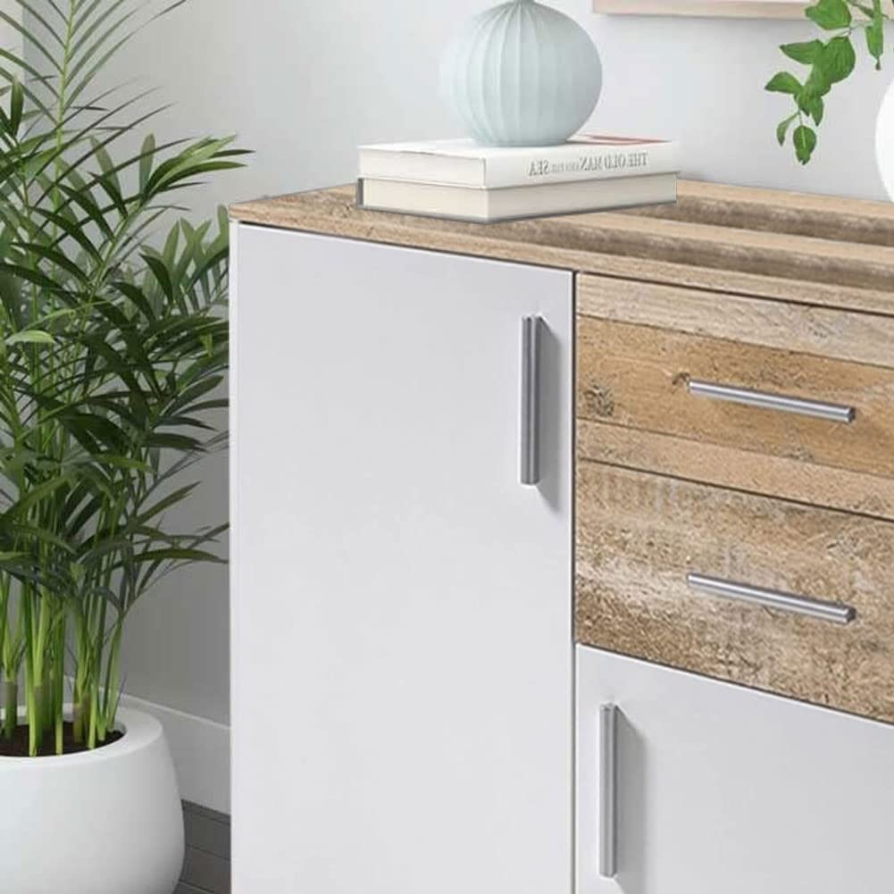 BAKAJI Mobile Madia con 2 Cassetti Doppia Anta e 2 Ripiani Interni Mobiletto Credenza Armadio Multiuso Cucina Bagno Ufficio Design Moderno Dimensioni 82x35x80cm (Bianco e quercia effetto legno)