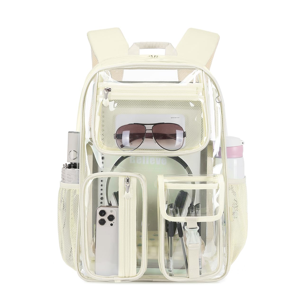 Cusangel Clear Backpack Heavy Duty Clear BookBag,16inch TPU Large Capacity See Through Backpack for Sport Events,Travel (beige)
