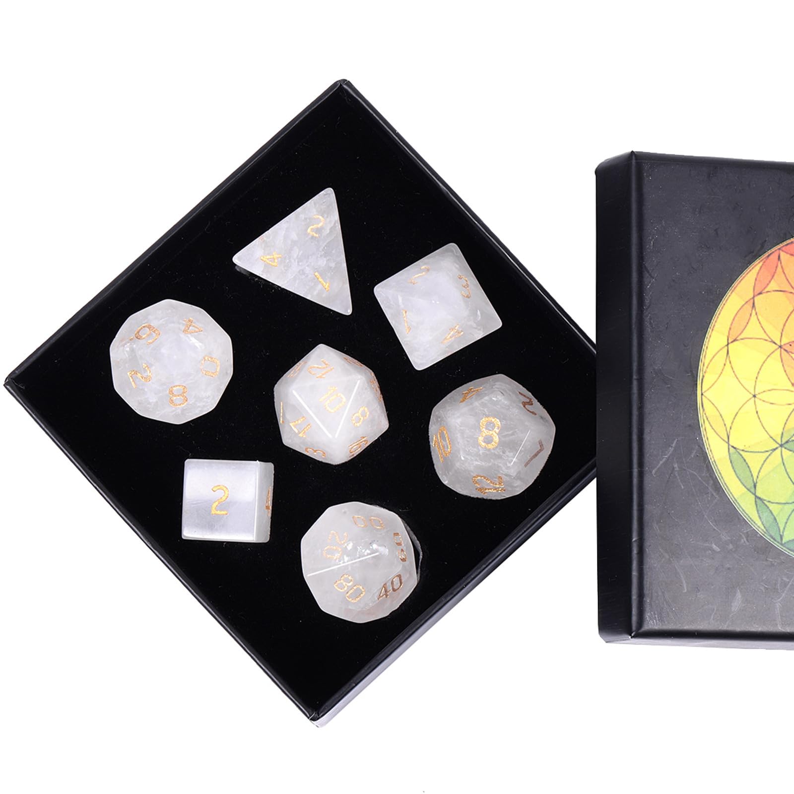 Nupuyai 7pcs Rock Crystal Polyhedral DND Dice Set for RPG MTG Table Games Polished Tumbled Stones Dices with Box for Home Decor
