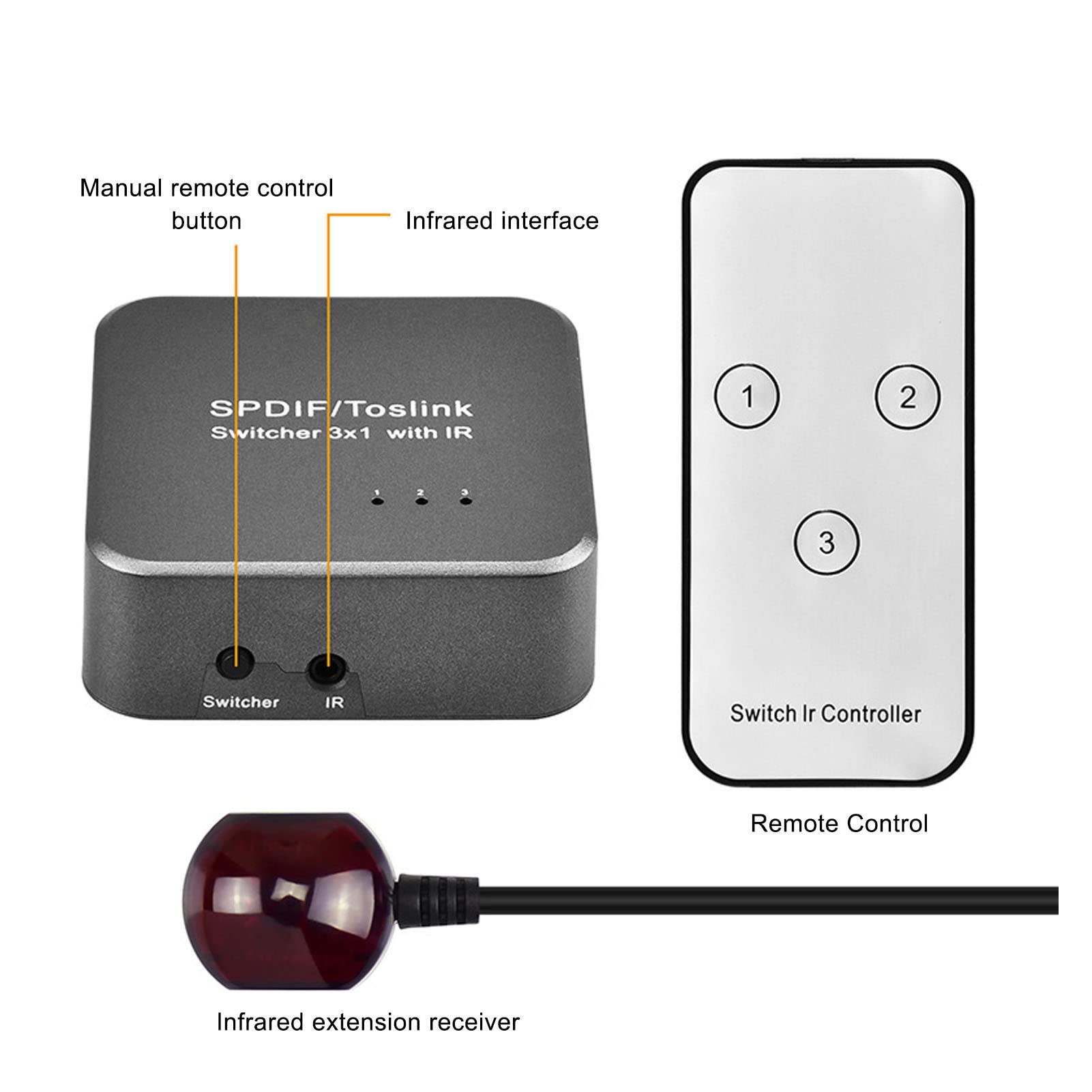 Commutateur de Son Optique Numérique, 3 in 1 Out, LPCM2.0 DTS AC3, Télécommande Infrarouge, Protection Contre Les Surtensions