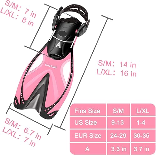 Miniatura 5 de Supertrip Aletas de esnórquel para niños, aletas de natación para natación de regazo, aletas cortas ajustables, aletas de buceo de tamaño de viaje,