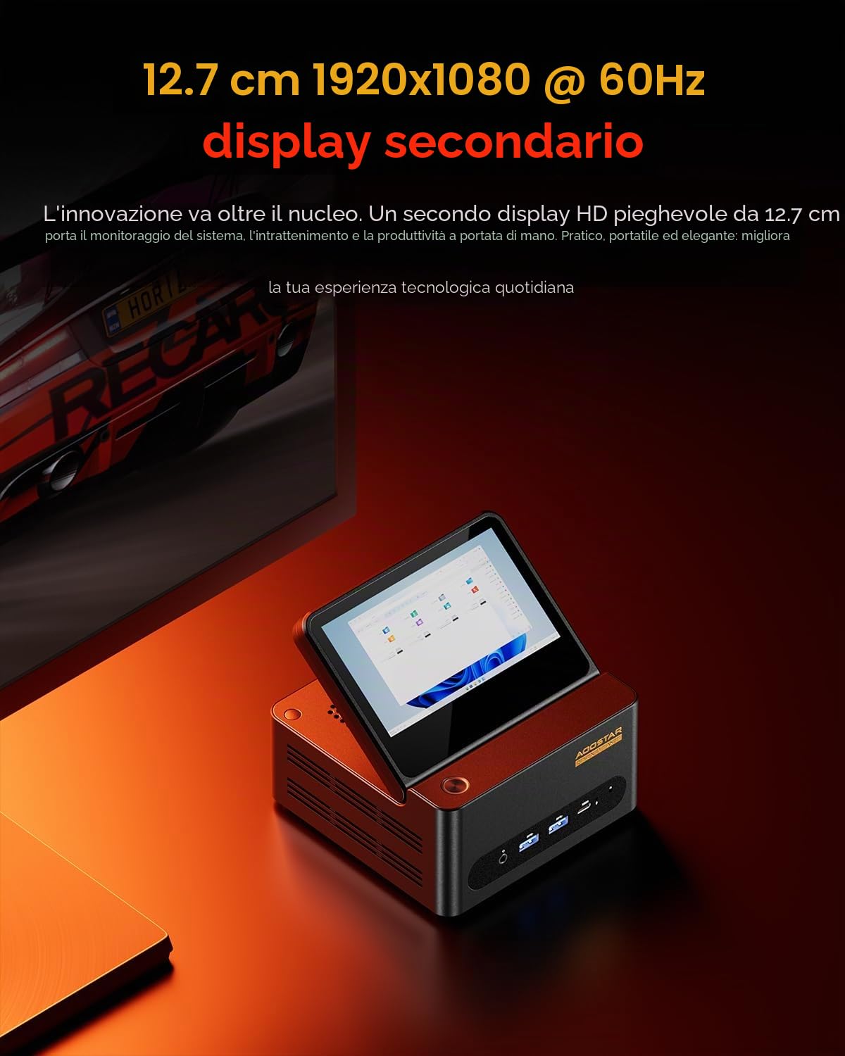 AOOSTAR G-FLIP Mini PC Ryzen 7 H 255(fino a 4,9GHz), Barebone Mini Desktop Computer con schermo HD da 5" Senza RAM Senza M.2 SSD, Micro PC da gioco OCuLink/4K HDMI/2xUSB4/2x2,5G LAN per ufficio,casa