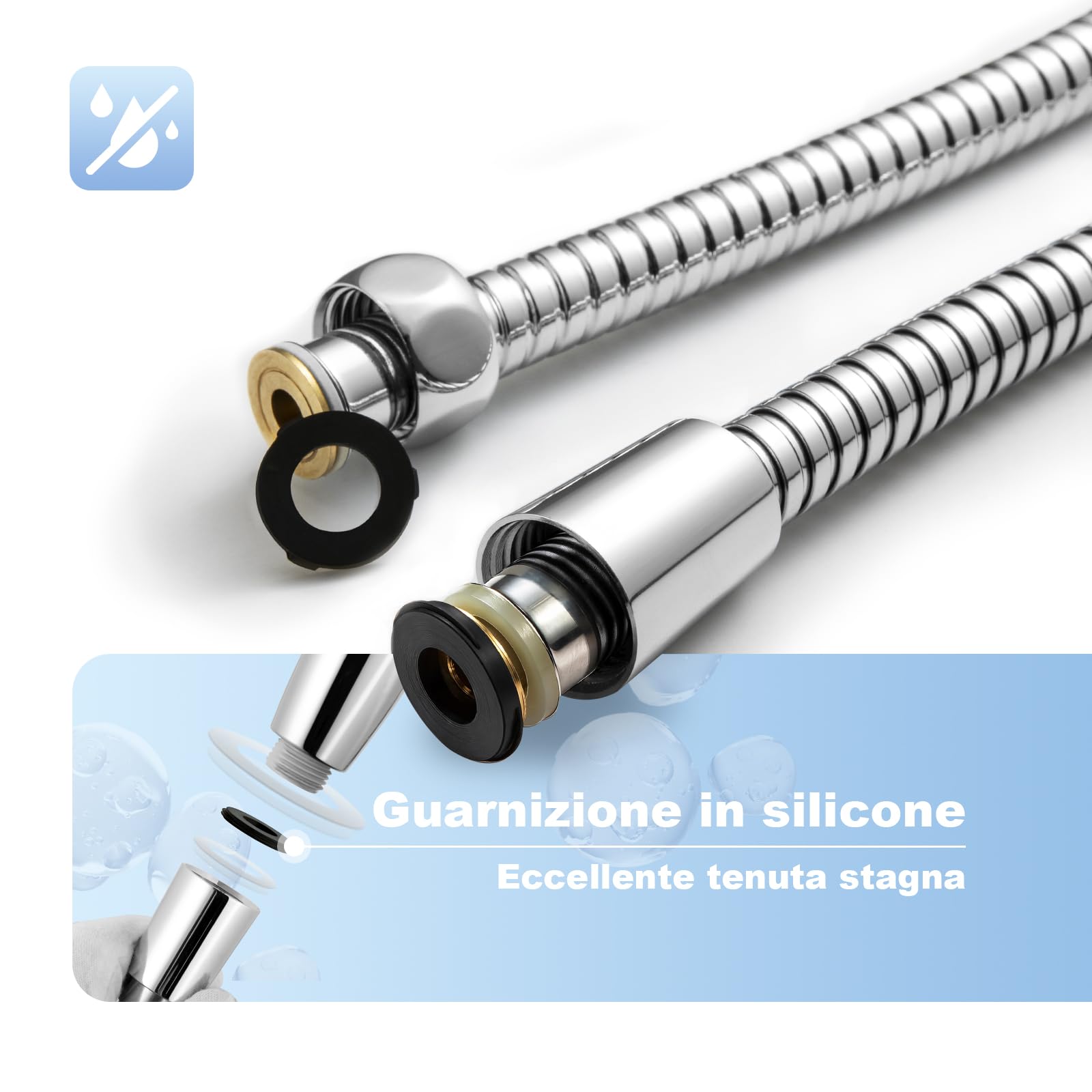 Flessibile Doccia in Acciaio Inox, Altamente Resistente allo Scoppio, Tubo Alta Pressione 2,5m con Protezione Antitorsione e Anti-Aggrovigliamento, per Bagno, Argento