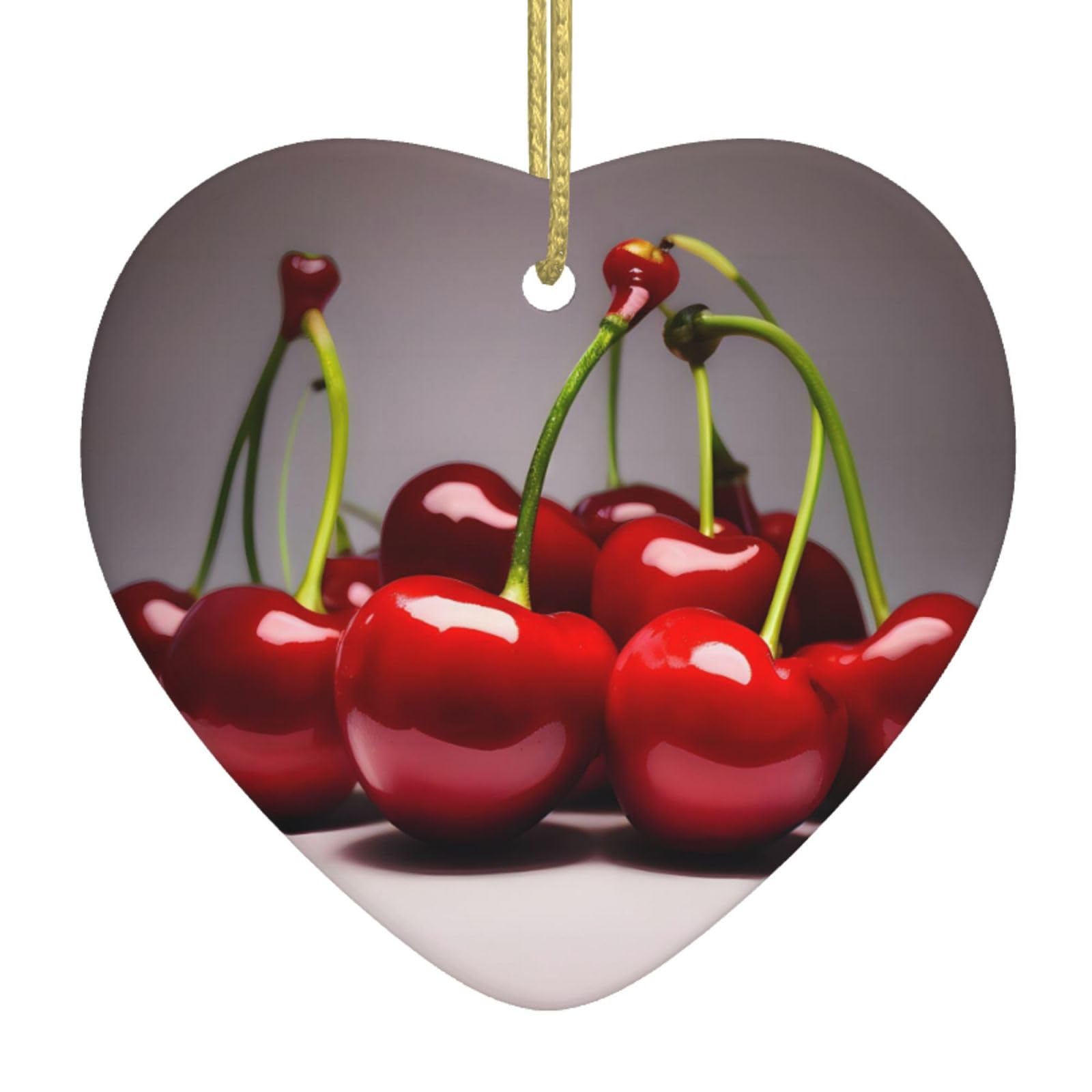 Chilean Cherries Ceramic Christmas Heart Pendant with Silk Thread, Christmas Tree Home Decoration