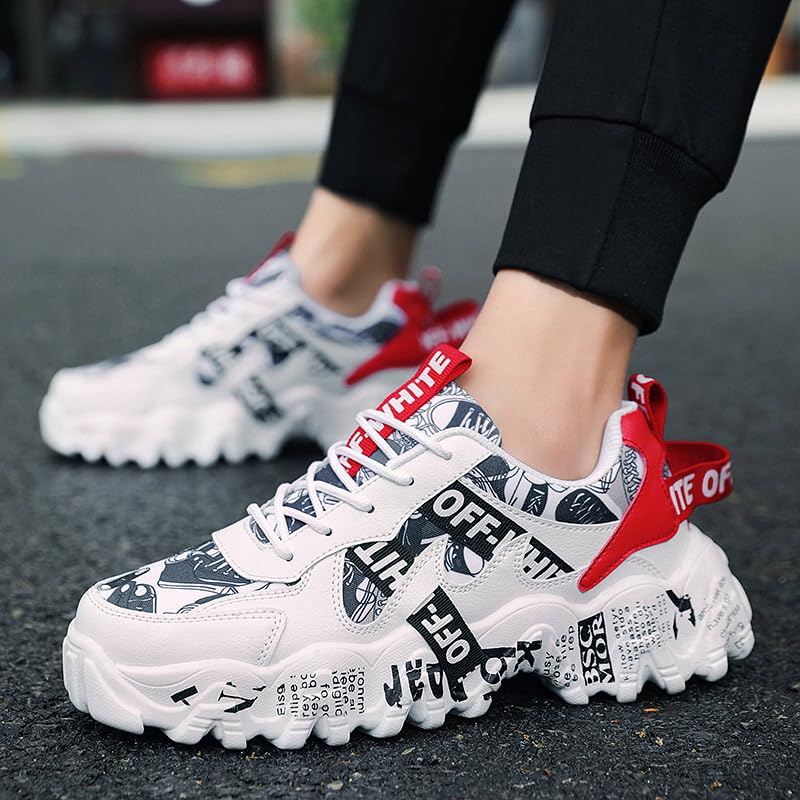 Y2K Leather Graffiti Print White Sneakers for Men Lightweight Comfortable Lace Up Round Toe Shoes for Teens Campus Sports Casual Outfits Street Style Inspired4
