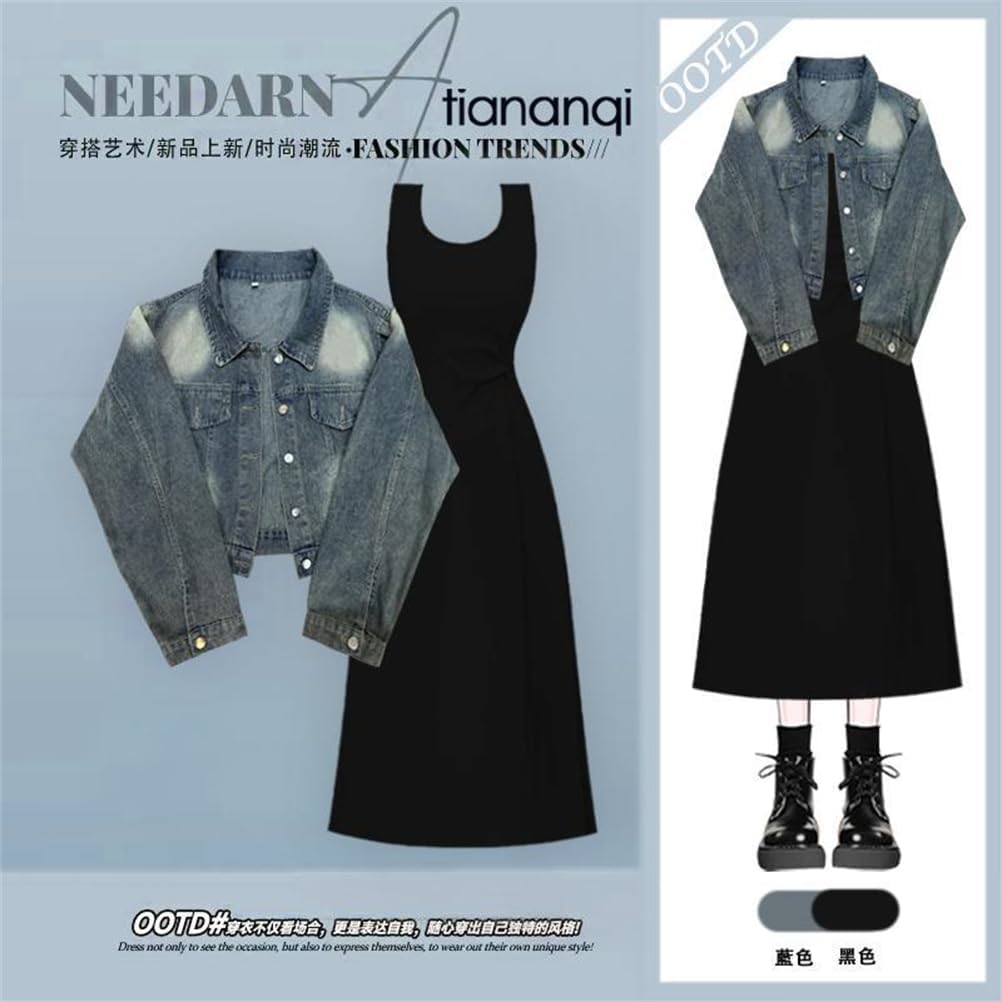 [JINZUOMA] レディース セットアップ ワンピーススーツ ジャケット ワンピース ロングワンピース デニムジャケット 2点セ