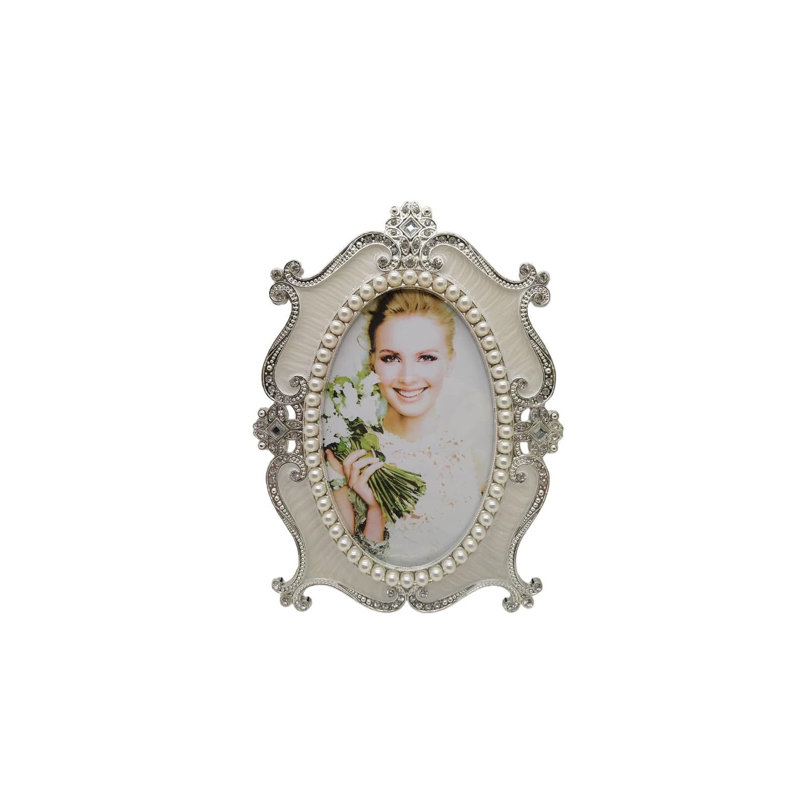 Tsophreniq Antique Metal Photo Frame with Crystal and Pearls Accent for Oval Pictures Holder Home Tabletop Shelf Decors Accent for Oval Pictures Holder Home Tabletop Shelf Decors