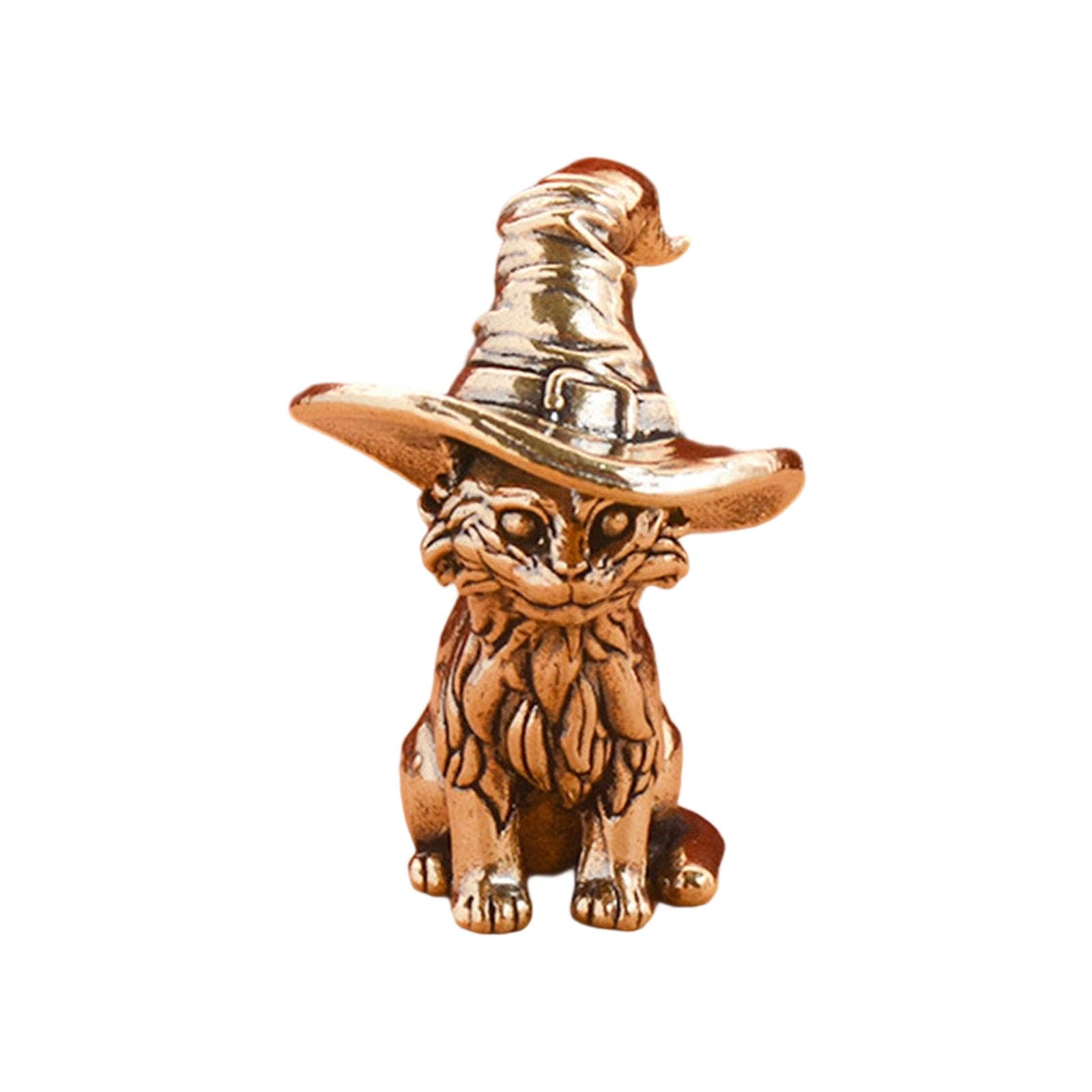 Obotsnoi Brass Vintage Witch Cats Miniature Sculpture Kitten With Wizard Hat Antique Home Decors Desk Figurine Ornament Gift Elegant Brass Cats Figurine